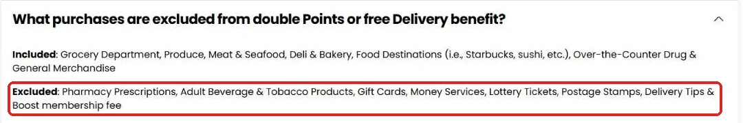 Kroger Boost FAQ listing included departments and excluded purchases for double points and free delivery