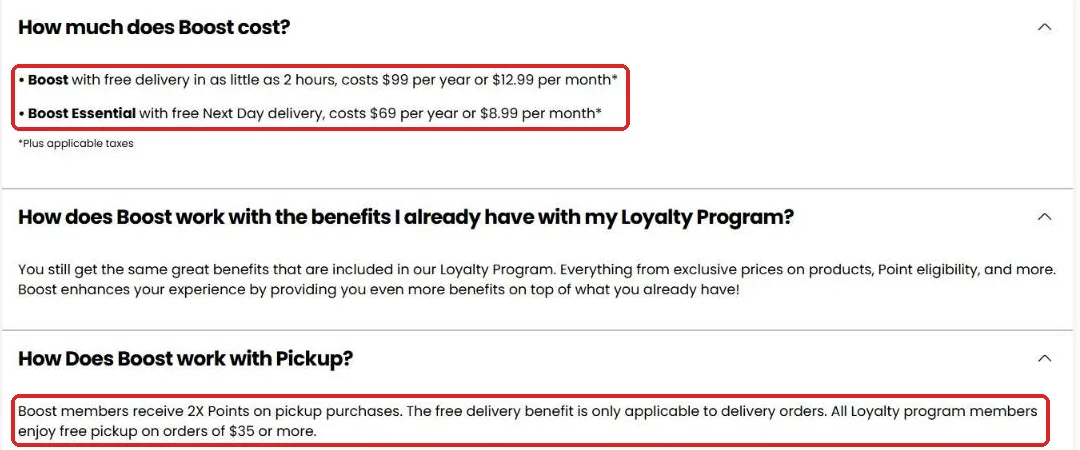 Kroger Boost FAQ showing Boost costs 99 dollars per year or 12.99 per month and Boost Essential 69 per year or 8.99 per month