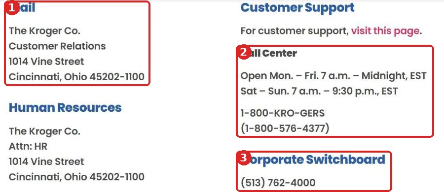 The Kroger Co. contact page with Customer Relations mailing address, call center hours and corporate switchboard number