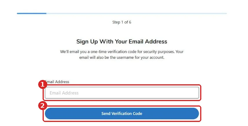 Kroger create account page, Step 1 of 6, asking for an email address and a Send Verification Code button