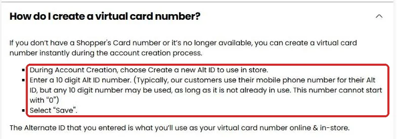 Kroger FAQ steps to create a virtual card number by choosing a new 10 digit Alt ID during account creation
