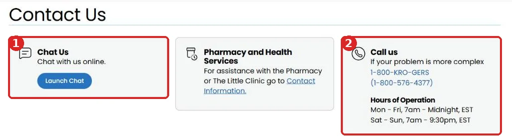 Kroger Contact Us page showing live chat, pharmacy contact and the 1-800-KRO-GERS phone number with hours