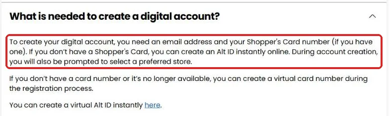 Kroger FAQ listing what is needed to create a digital account: email address, Shopper's Card number or Alt ID, and preferred store