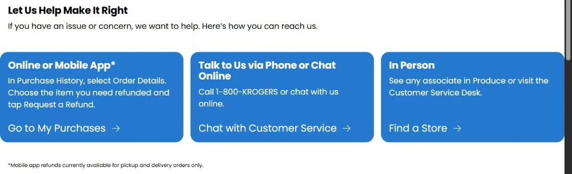 Kroger Fresh and Quality Guarantees page showing refund options online or in the app, by phone or chat, and in person