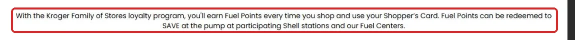 Kroger page stating fuel points can be redeemed at participating Shell stations and Kroger fuel centers