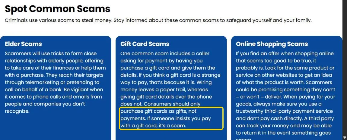 Kroger fraud prevention page describing elder scams, gift card scams and online shopping scams