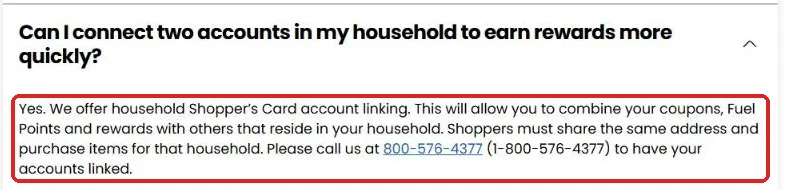 Kroger FAQ explaining household Shopper's Card account linking to combine coupons, Fuel Points and rewards