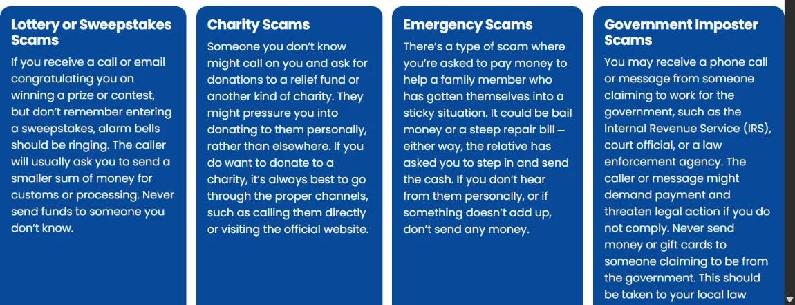 Kroger fraud page describing lottery or sweepstakes scams, charity scams, emergency scams and government imposter scams