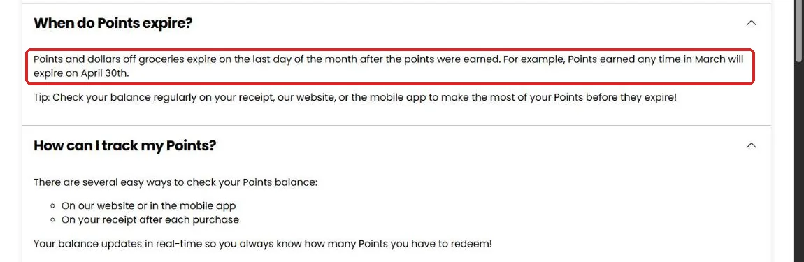 Kroger FAQ stating that points expire on the last day of the month after they were earned