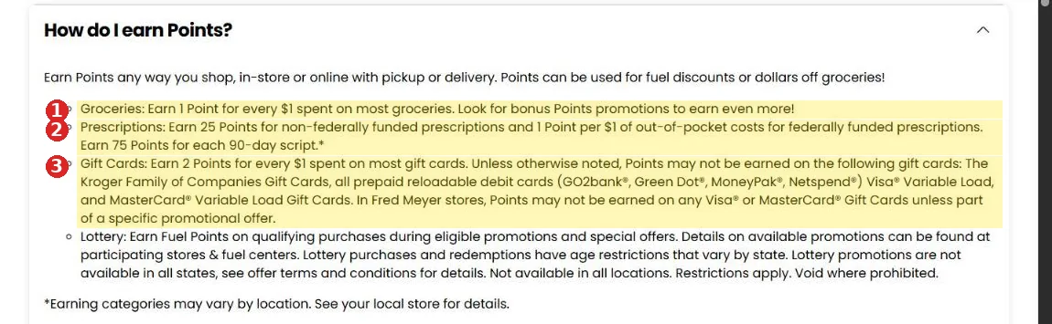 Kroger Points Program FAQ showing points earned on groceries, prescriptions and gift cards