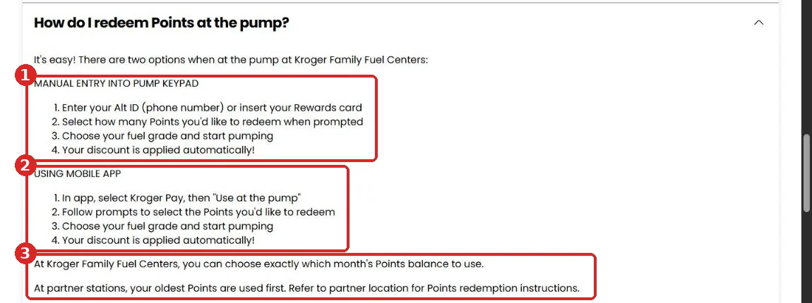 Kroger FAQ steps to redeem points at the pump with the keypad or the Kroger Pay mobile app