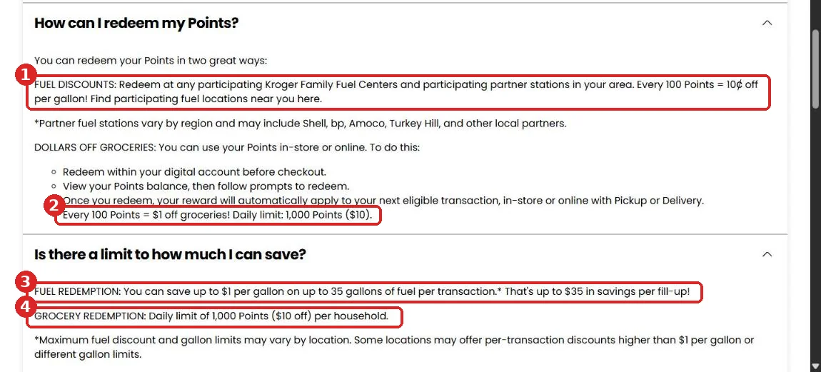Kroger FAQ explaining how to redeem points for fuel discounts and dollars off groceries with the redemption limits