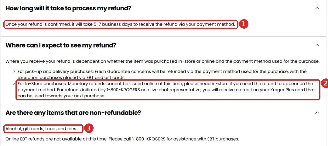 Kroger FAQ showing refunds take 5 to 7 business days, where refunds appear and which items are non-refundable