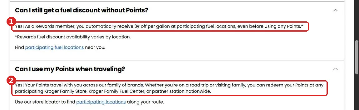 Kroger FAQ showing the 3 cents per gallon Rewards member fuel discount and points use while traveling