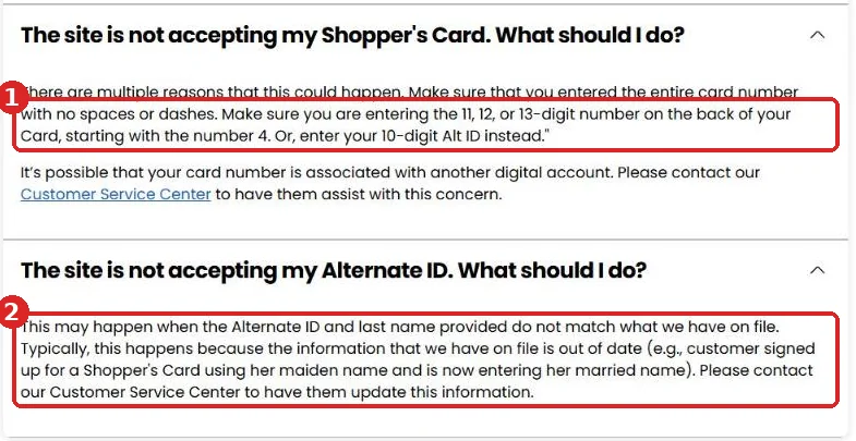 Kroger troubleshooting FAQ for when the site does not accept a Shopper's Card number or Alternate ID