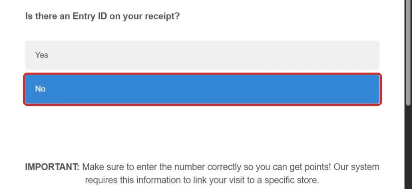 No selected for the Entry ID question on the Kroger feedback survey