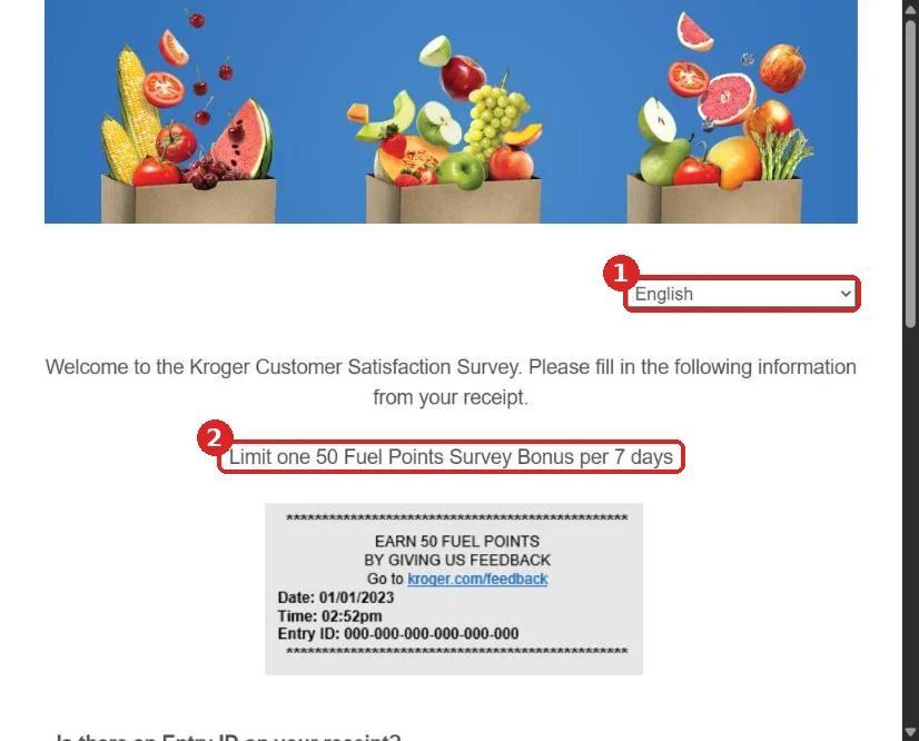 The genuine Kroger customer satisfaction survey welcome page with language menu and 50 points bonus limit