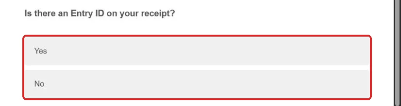 Kroger survey question asking whether there is an Entry ID on your receipt with Yes and No buttons