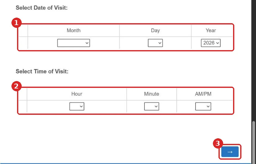Kroger survey date of visit and time of visit dropdown menus with the blue next arrow button